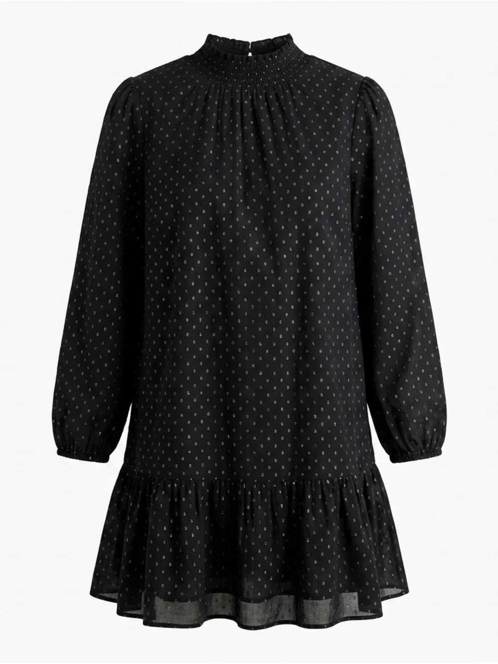 Gap Black Metallic Dot Smocked Mock Neck Long Sleeve Ruffle Whimsigoth Dress M/L